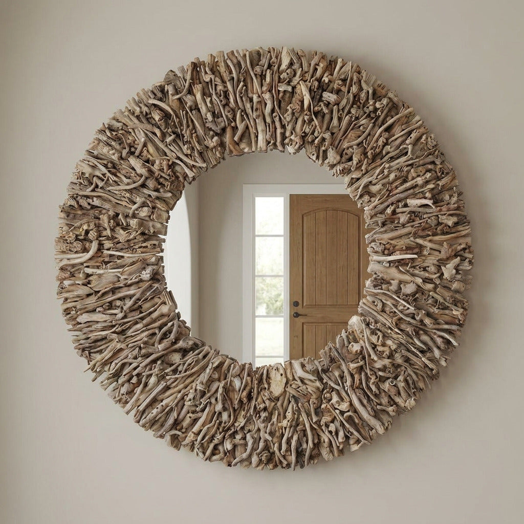 Round driftwood mirror with a thick, textured ring of natural wood pieces, mounted on a light beige wall. The mirror reflects a wooden door and window in the background.