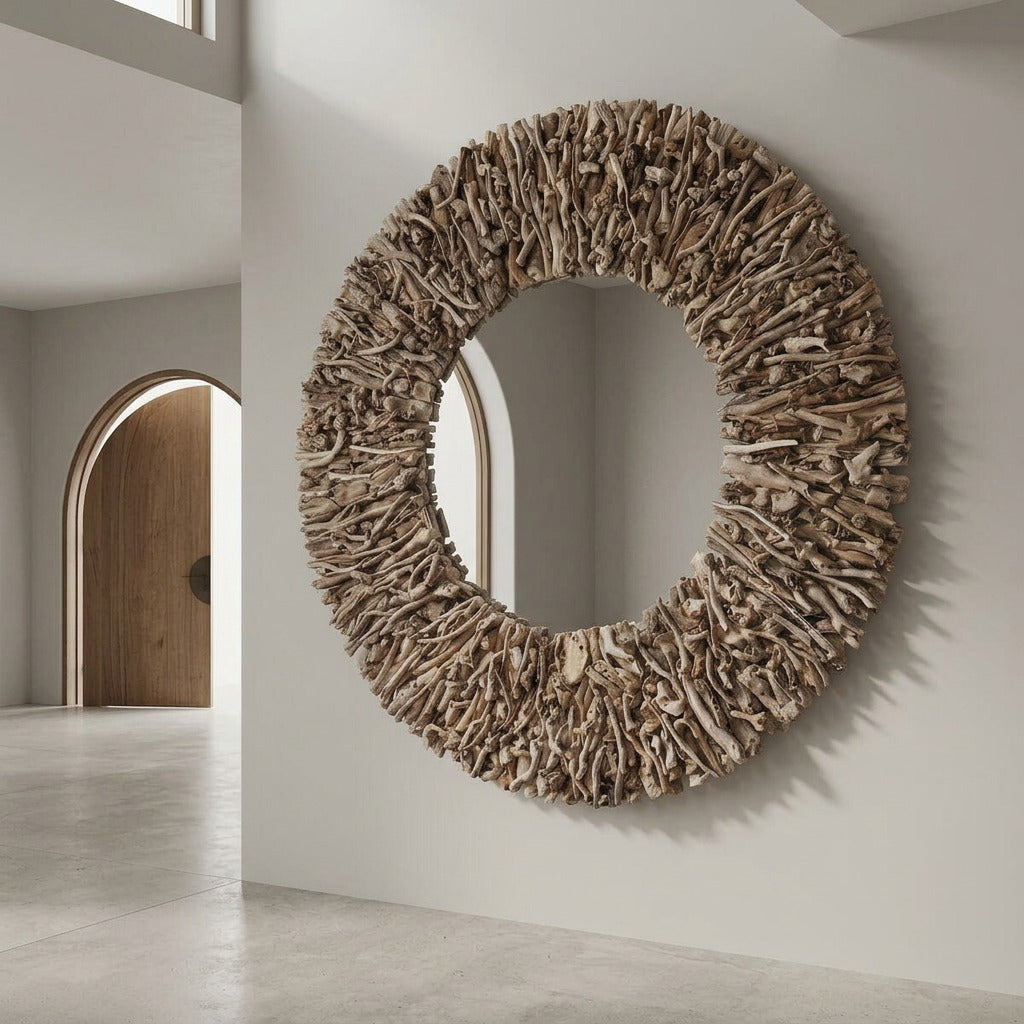 A large round wall mirror with a thick, textured natural driftwood or wood shingle frame, mounted on a minimalist off-white wall in a modern interior hallway.