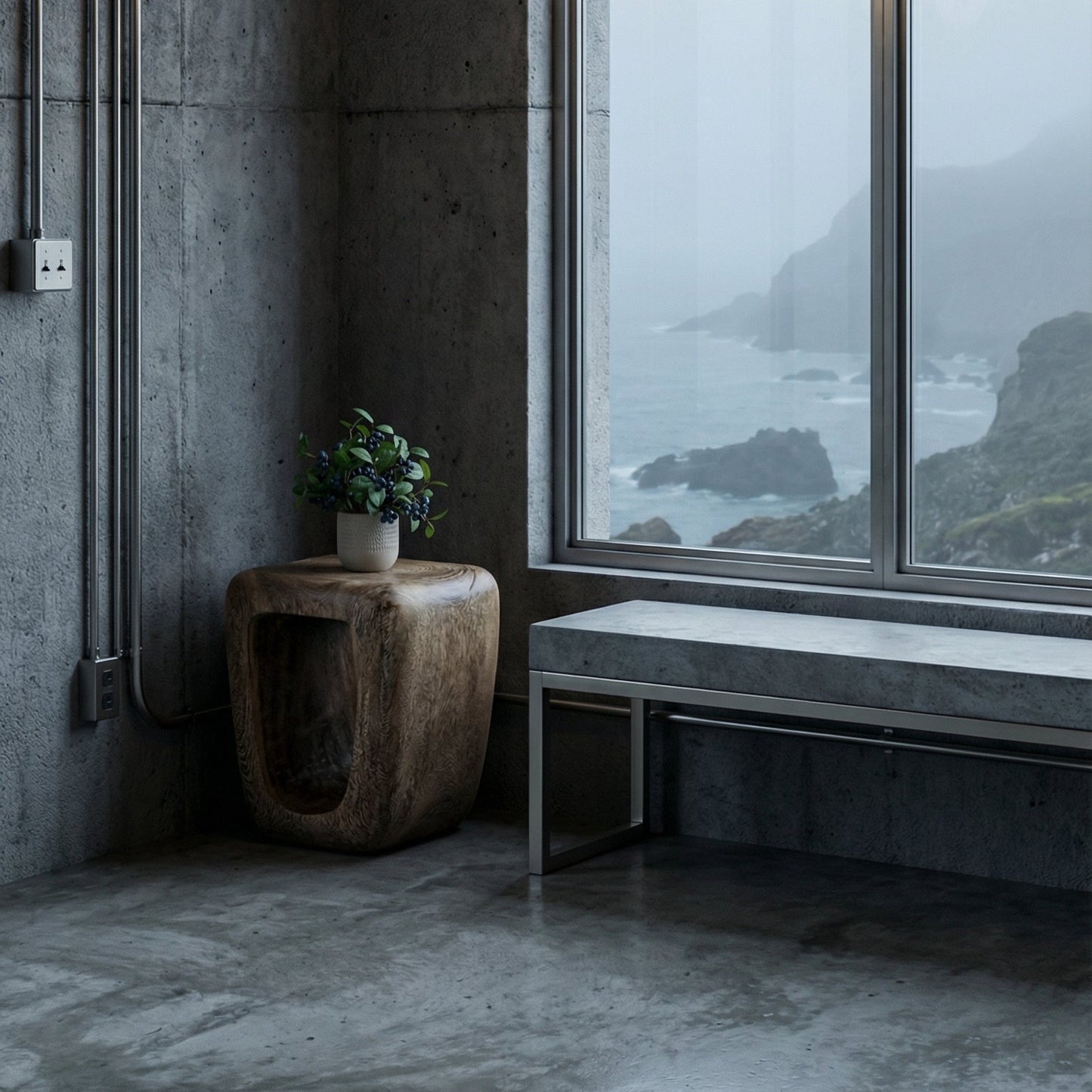 Modern chandelier and wood accent stool in a room with large windows overlooking a coastal view.
