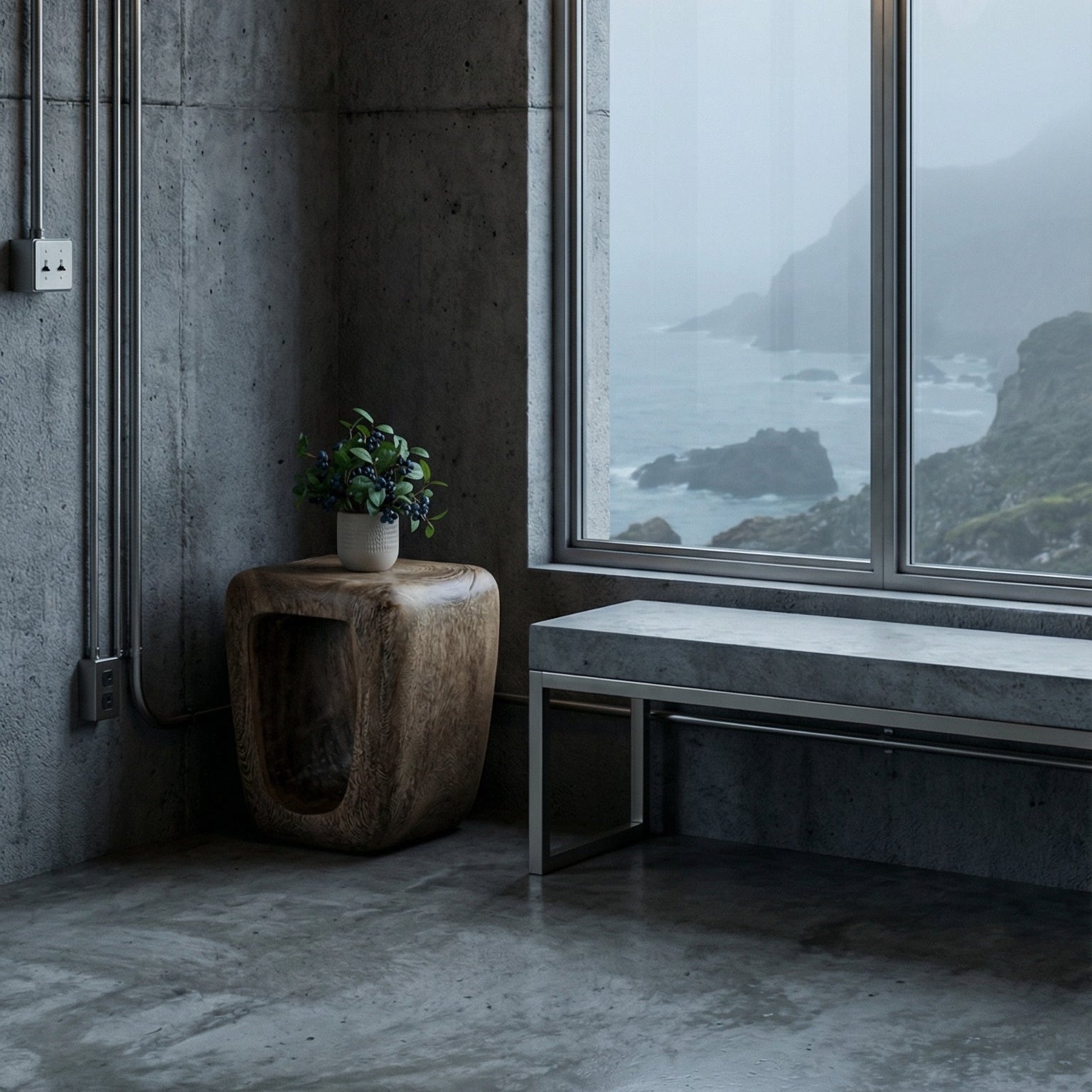 Modern chandelier and wood accent stool in a room with large windows overlooking a coastal view.