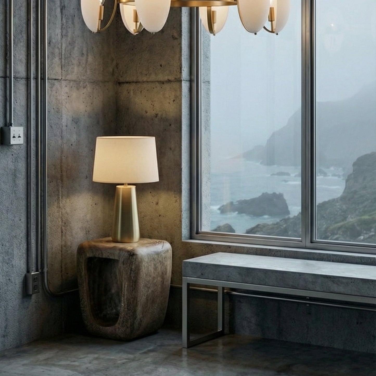 Modern interior with a chandelier, lamp, and large window overlooking a coastal view.