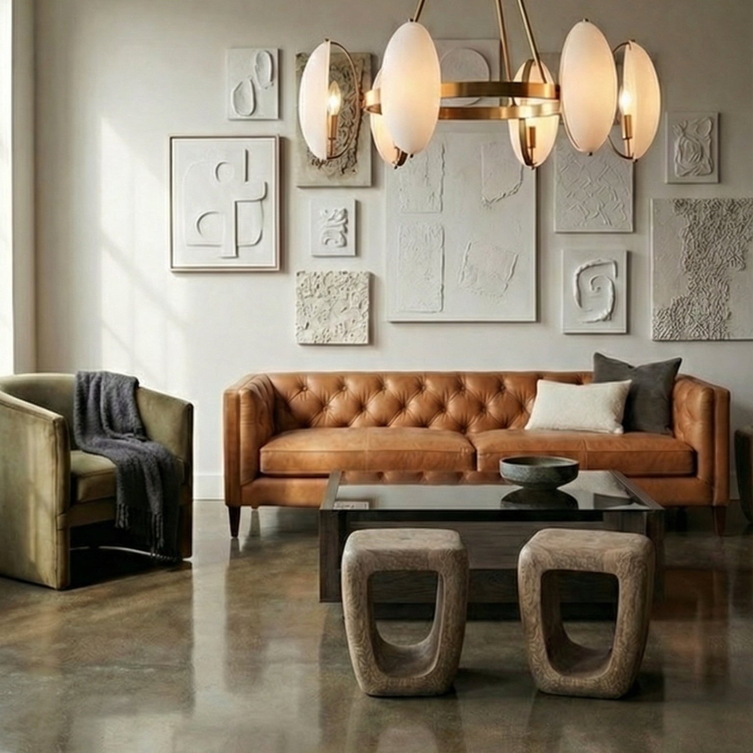 Modern living room with a brown leather sofa, coffee table, two wood accent stools, and decorative wall art.
