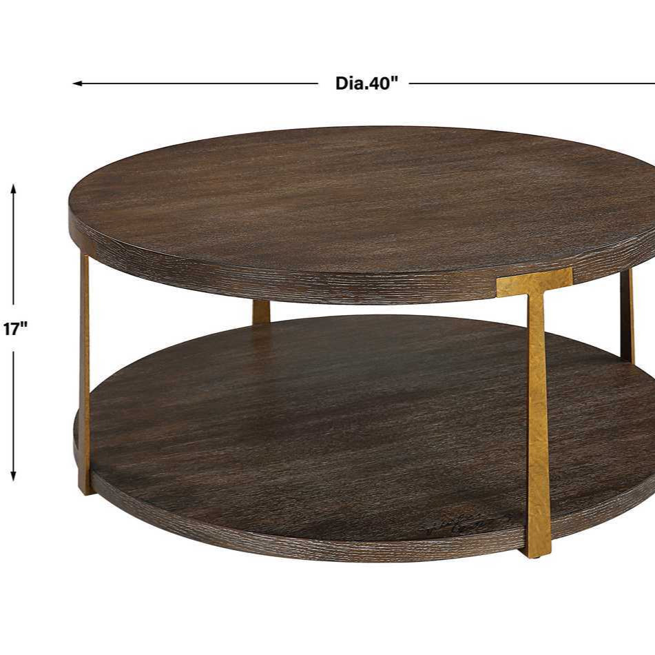 Round wooden coffee table with gold accents and dimensions on a white background