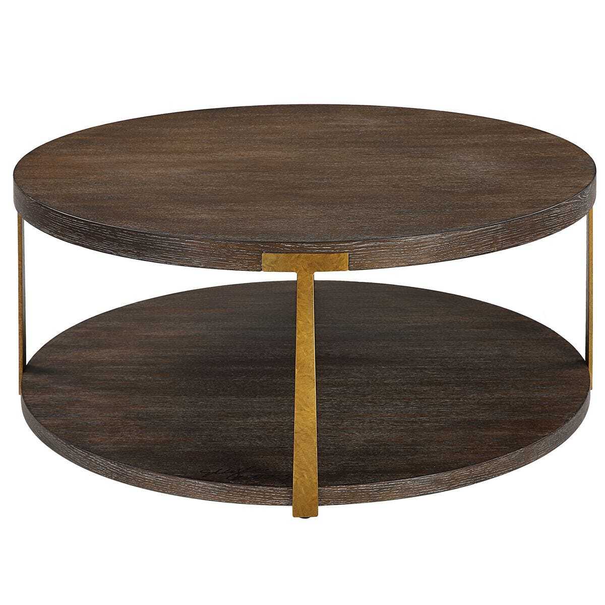 Round wooden coffee table with gold accents on a white background