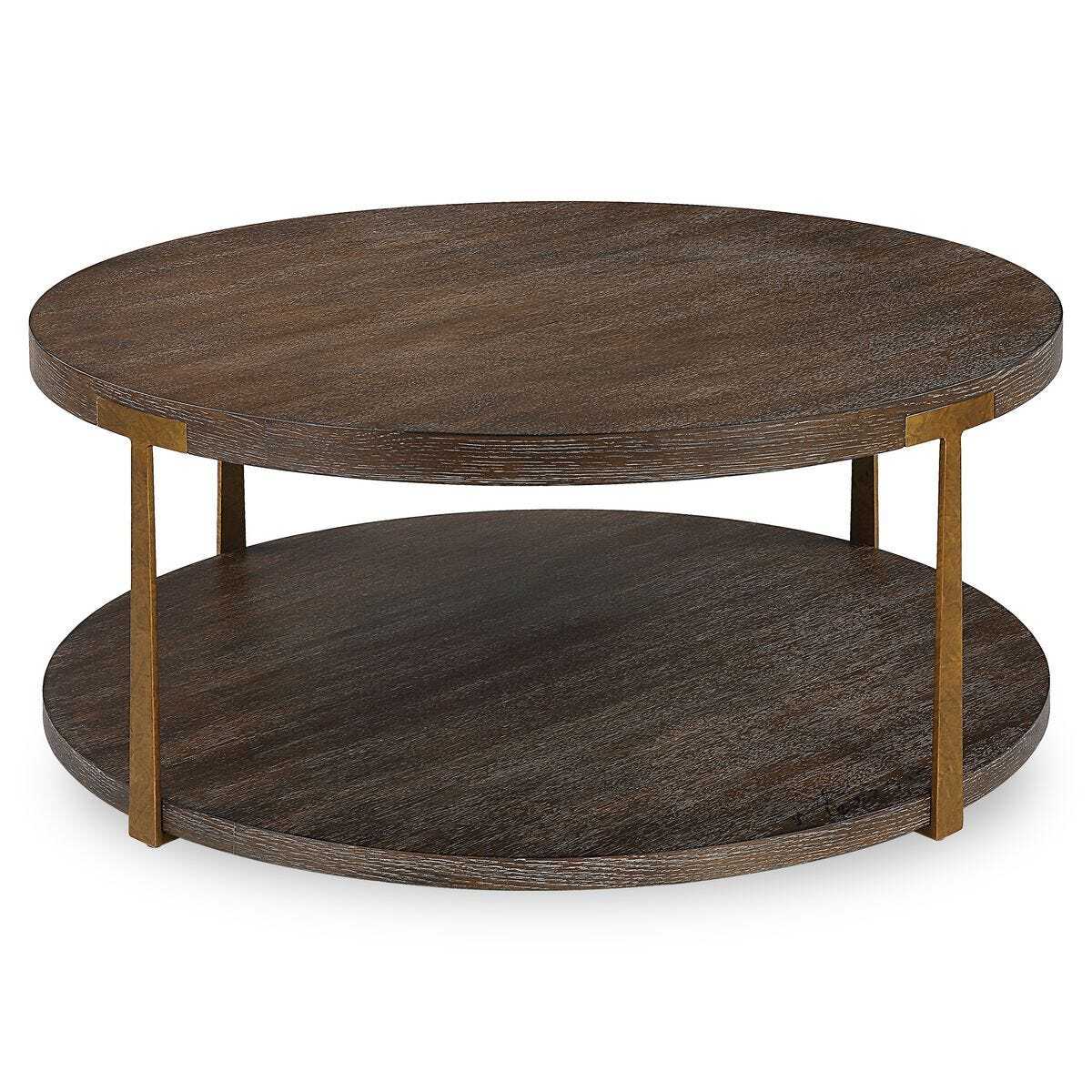 Round wooden coffee table with two levels on a white background