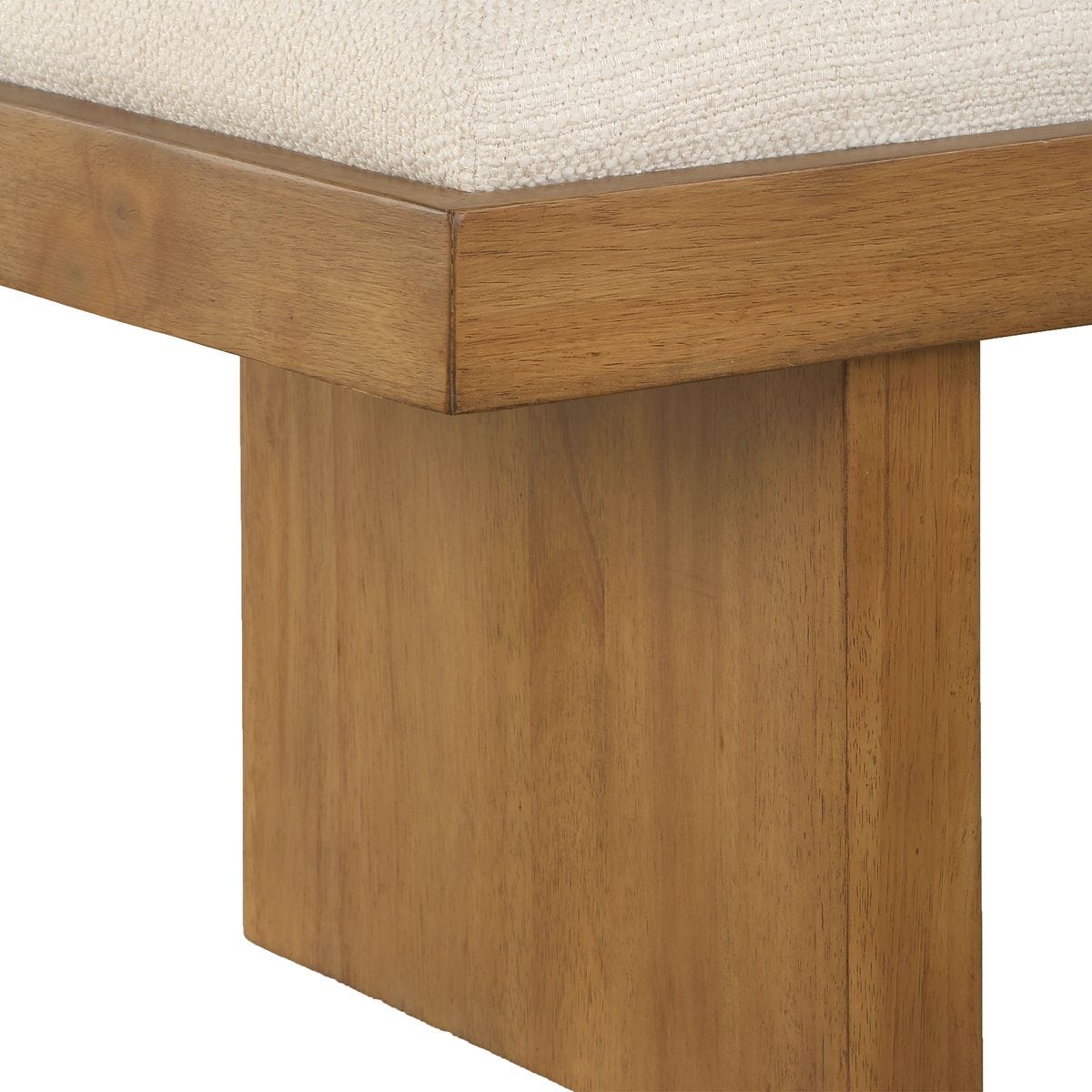 Close-up of a wooden chair with a white cushioned seat on a white background