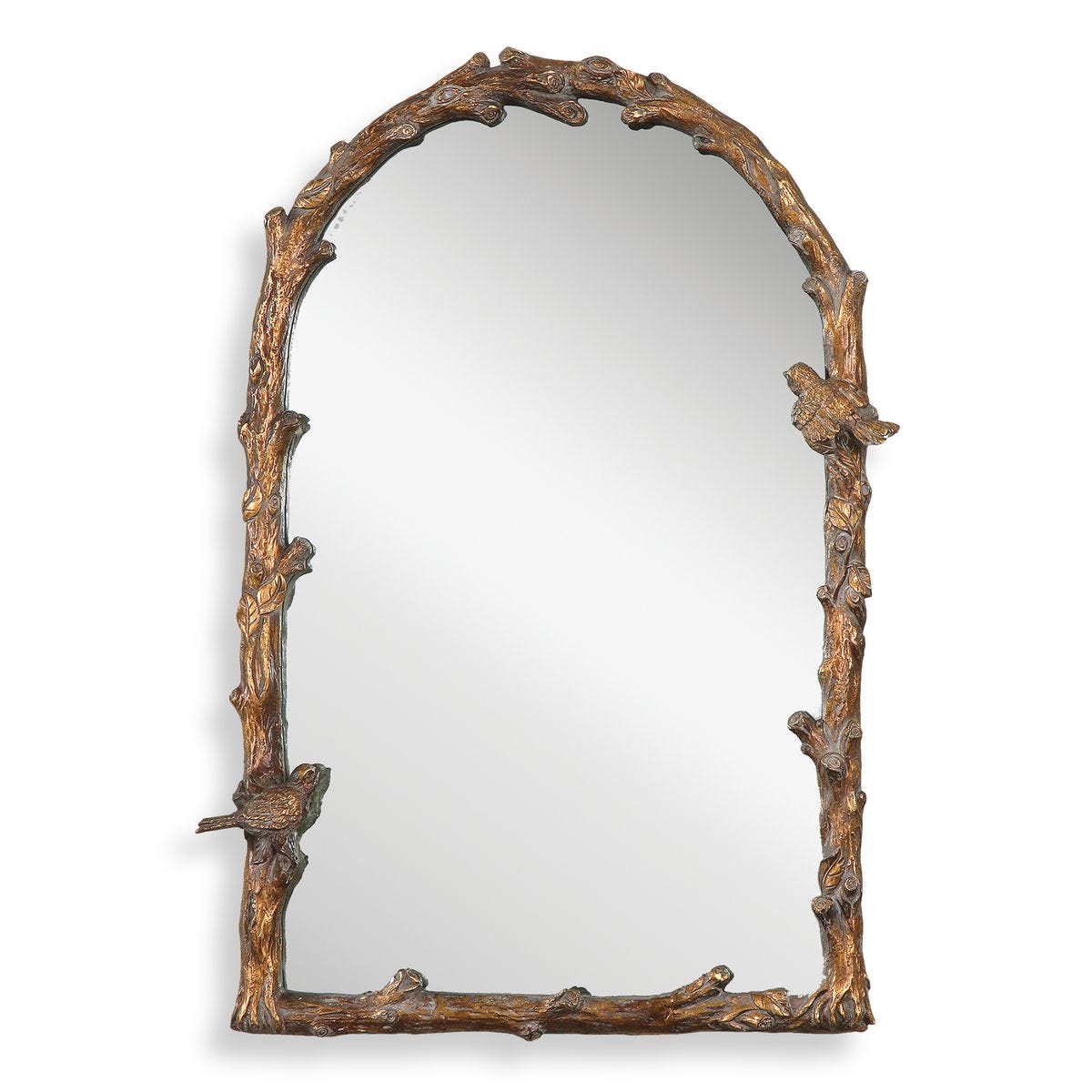 Decorative mirror with naturalistic branch frame on a white background