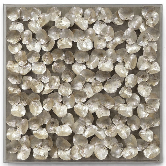 Oyster shells mounted and framed on acrylic framed board creates dimensional and textured art. 