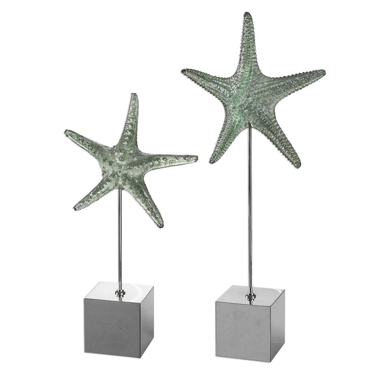 Realistic starfish replicas feature a pale, marine green finish and sit atop tarnished silver stands