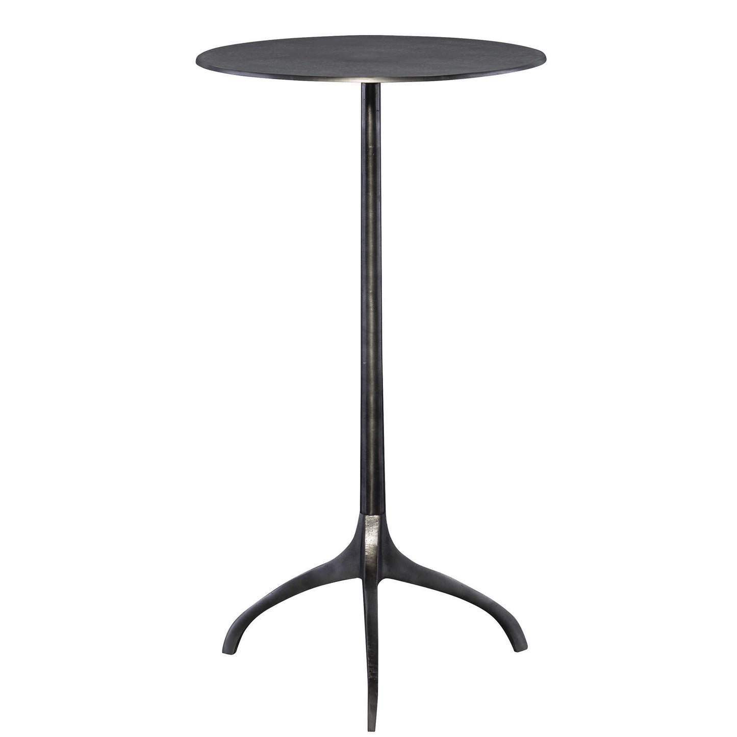 Industrial Nickel End Table with 3 legs and a round top picture from the side.