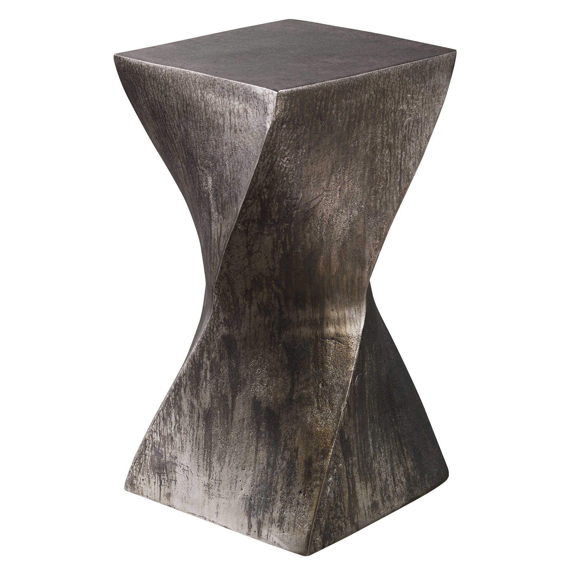 Diagonal view of a silver twist end table. 