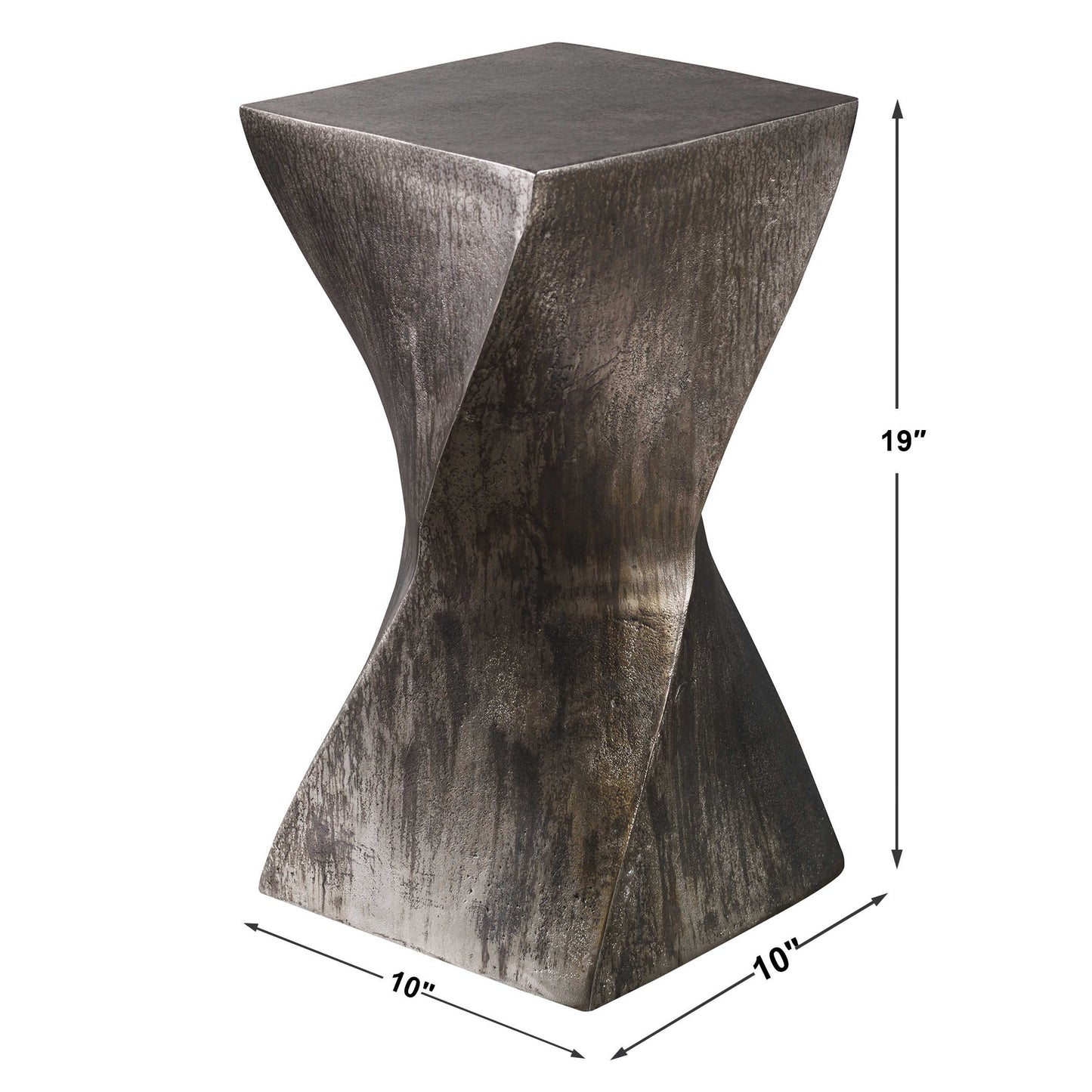 Dimensions listed for the silver accent table.