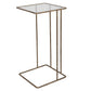 Diagonal view of a mirrored accent table with four legs and a square base. 