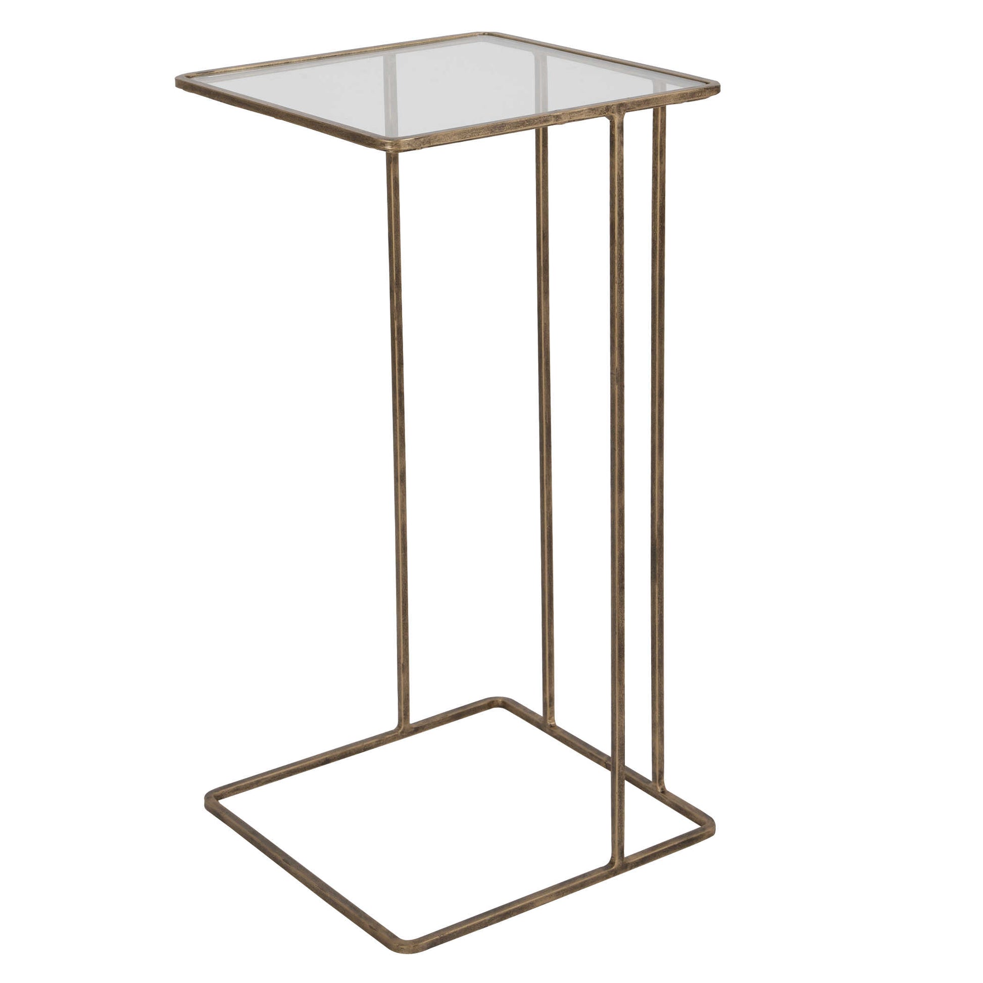 Diagonal view of a mirrored accent table with four legs and a square base. 