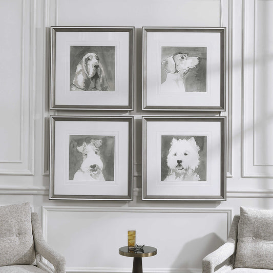 Straight on view of set of 4 dogs on a white wall with an accent table and drink in front.