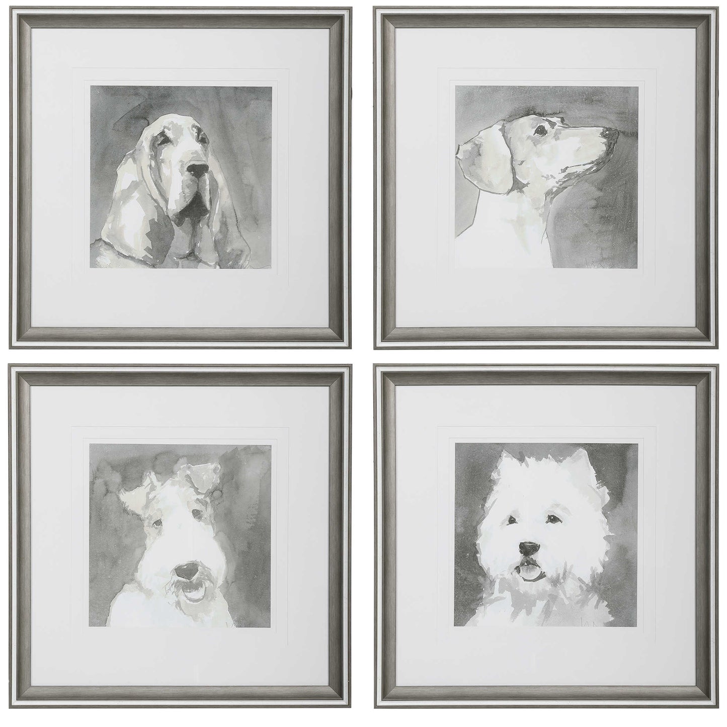 Set of four modern black and white dog prints. 