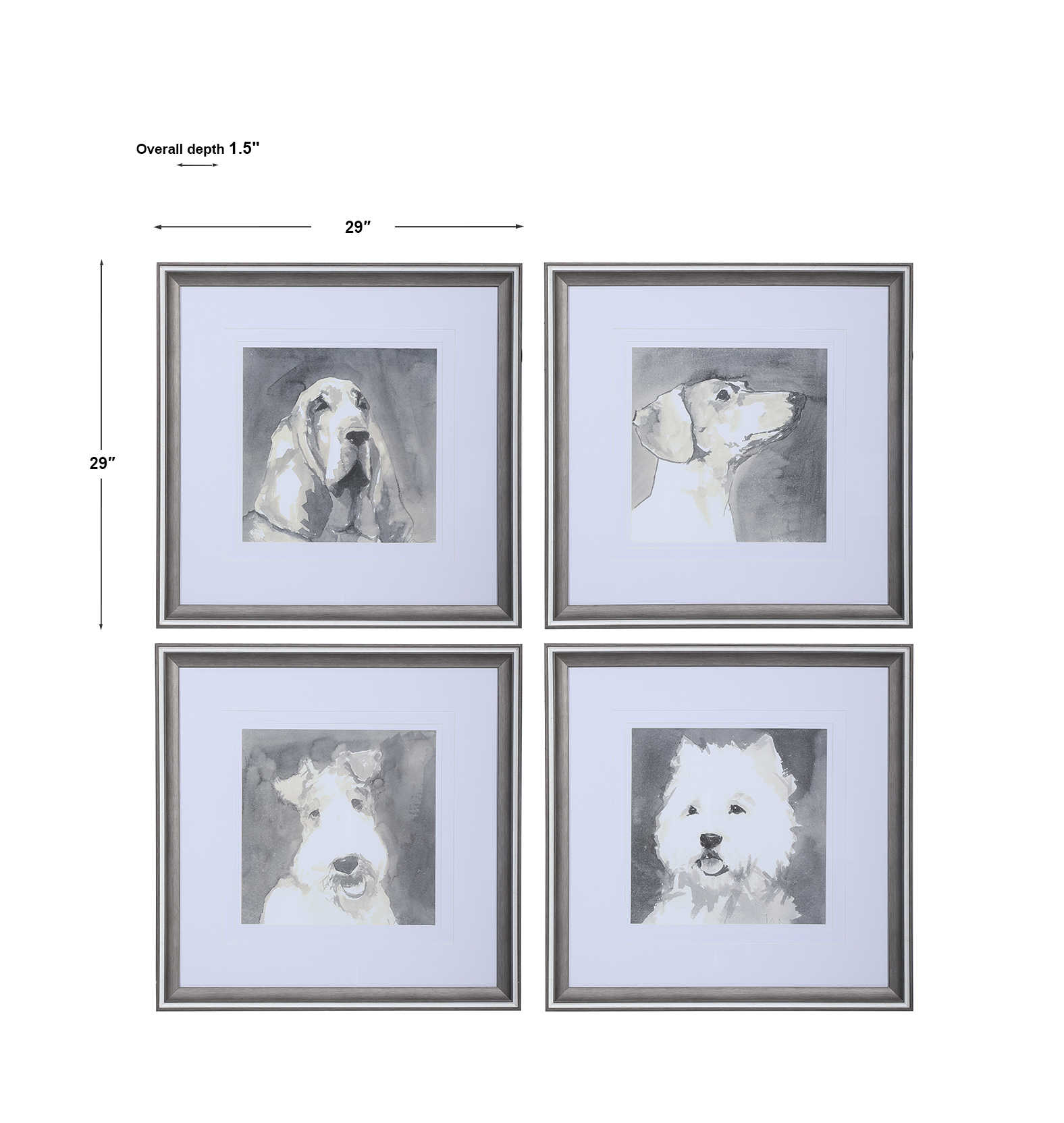 Set of four dog prints on a white background with dimensions. 