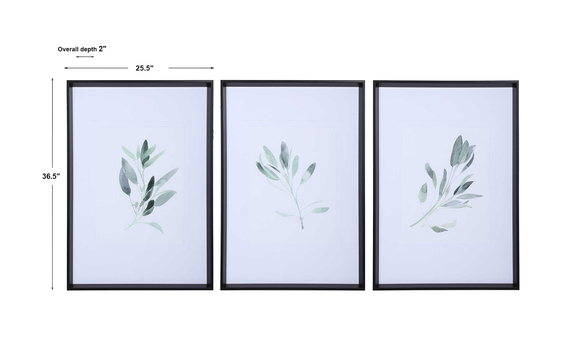 Three pieces of art with dimensions on a white background. 