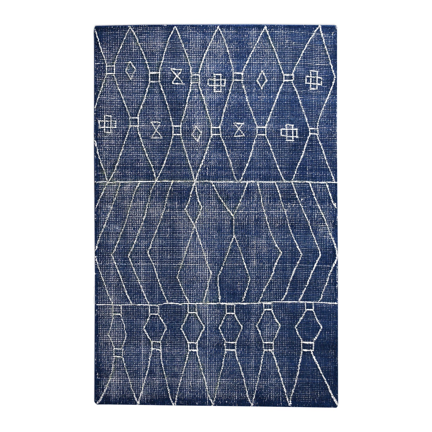 Alternate image of a rectangle blue patterned rug on a white background. 