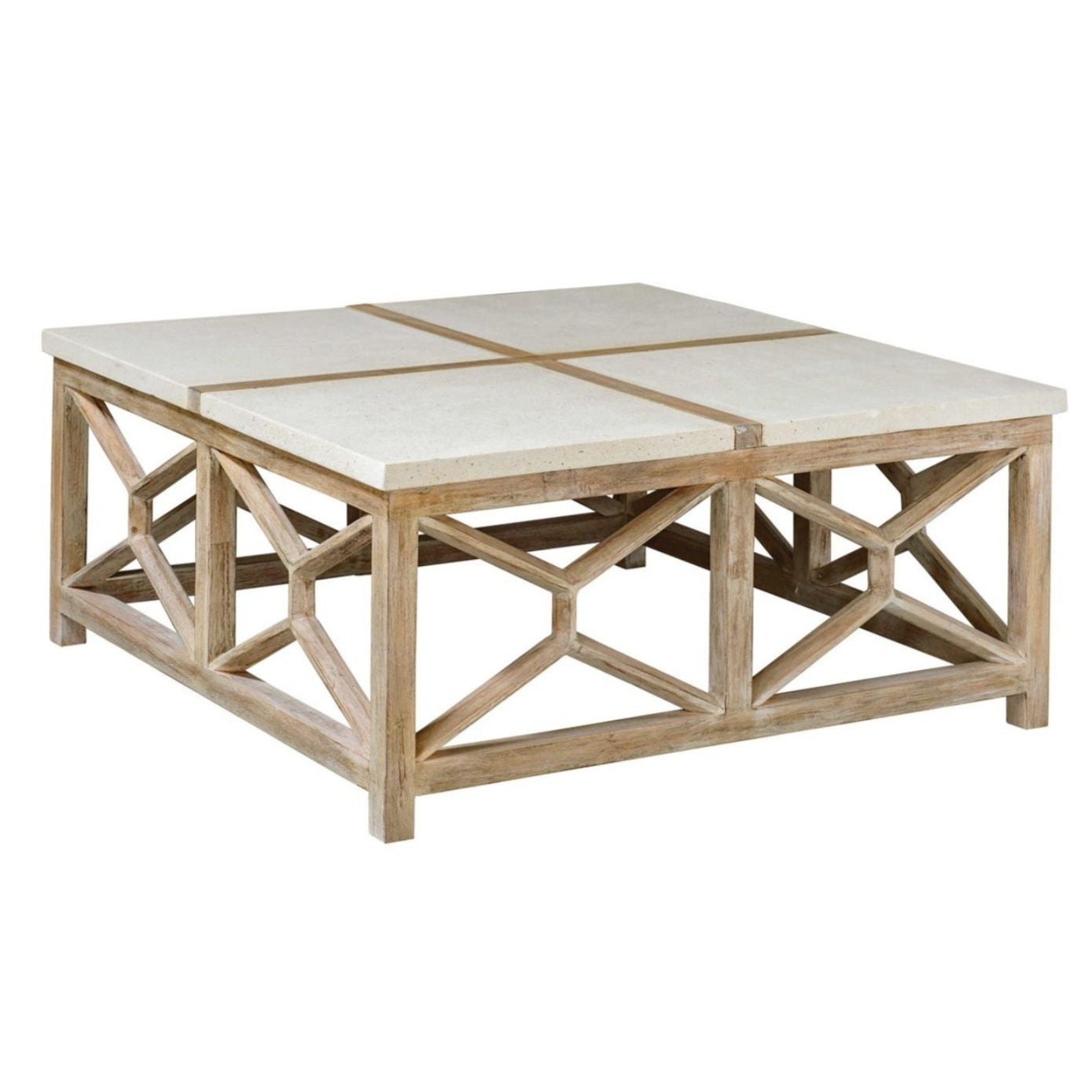 The square cocktail table is handcrafted from solid mixed woods with an natural ivory limestone top, on a geometric base finished in a warm oatmeal wash.