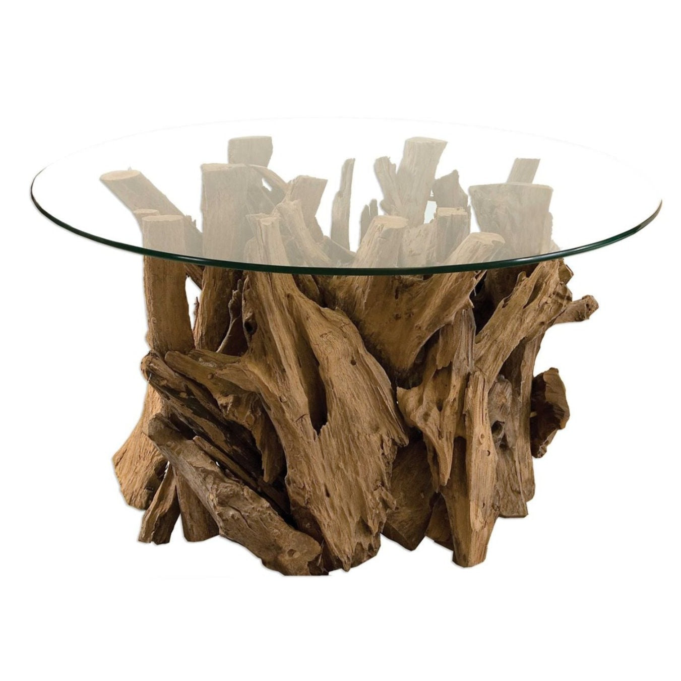 Natural, unfinished teak driftwood sculpted into a sturdy table with a clear glass top.