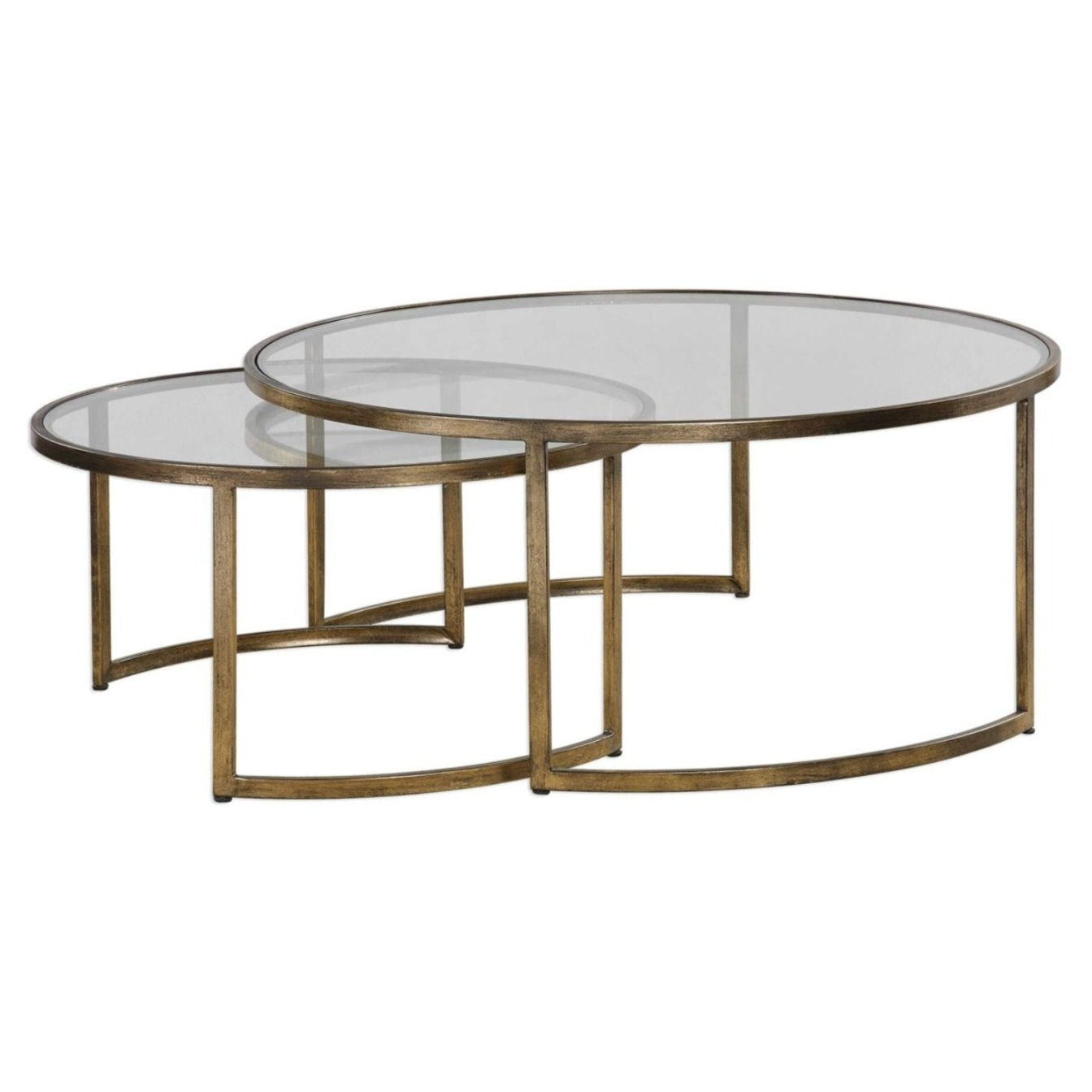 This is a pair of crafted hand forged iron and glass coffee tables. Finished in a heavily antiqued gold leaf. Sizes: Sm-31x16, Lg-42x18