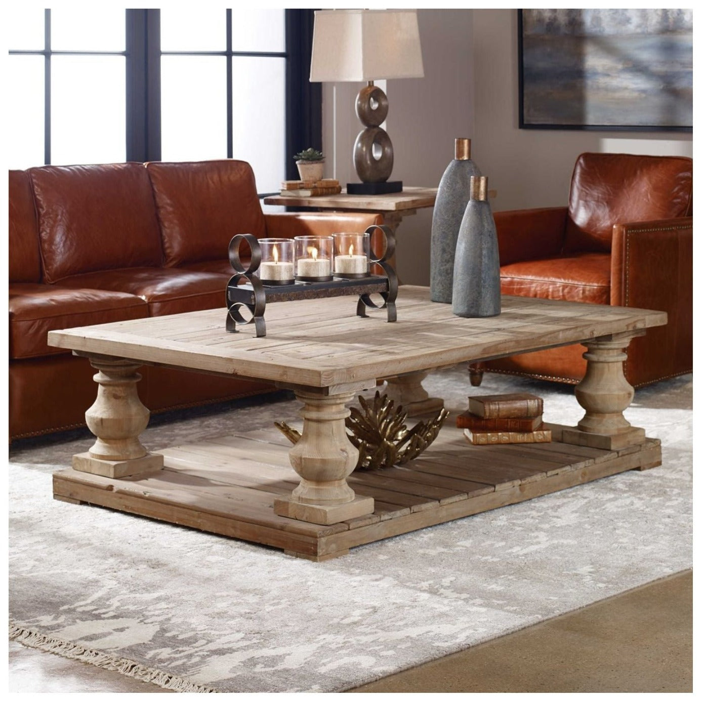 Reclaimed rectangle grey wash coffee table with sofa and chairs in background