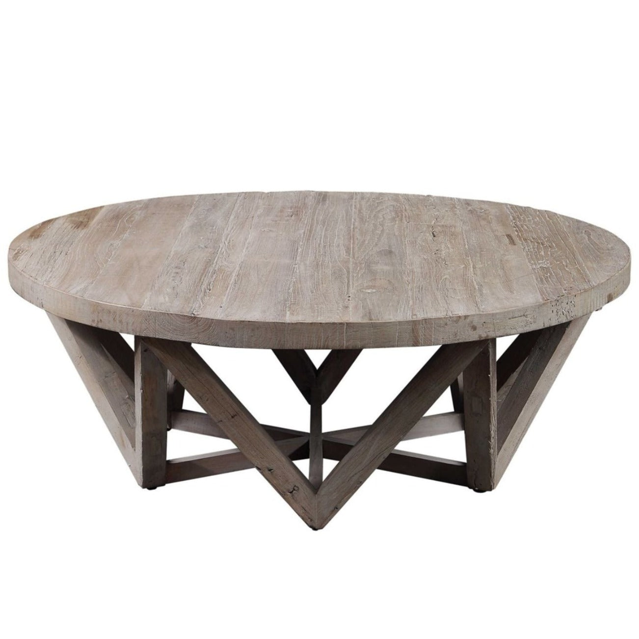 From reclaimed elm wood, this cocktail table features natural wood grain and rustic texture with a geometric, triangle base.