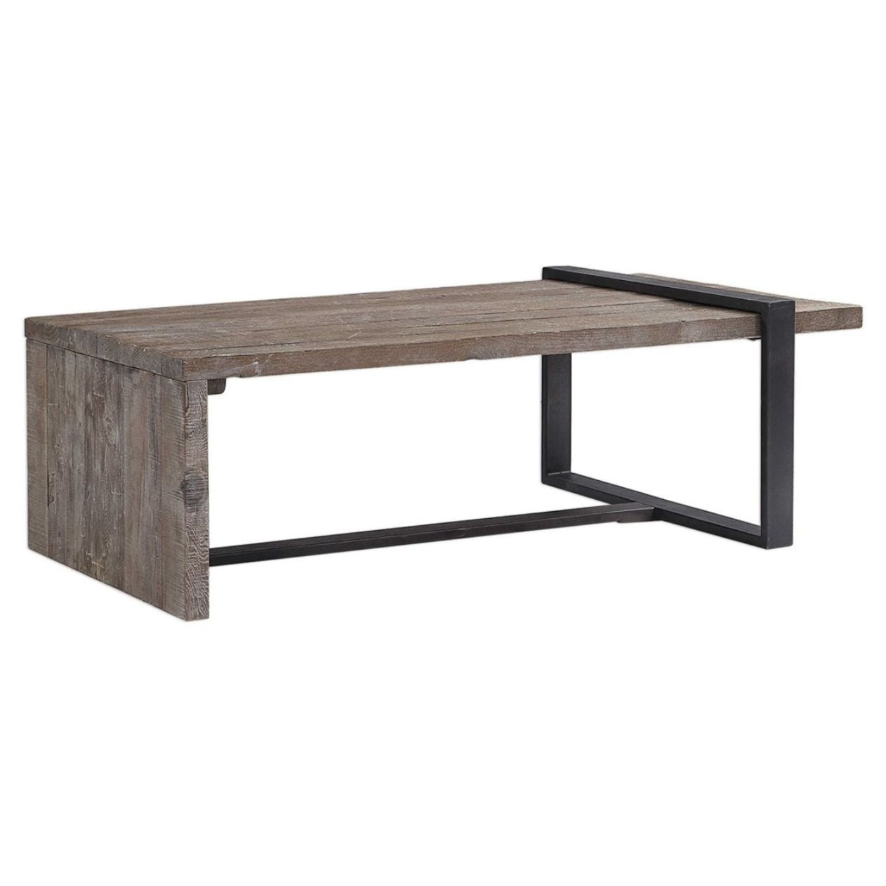 this coffee table features weathered pine finished in a stony gray wash, accented with an iron strap support in a heavily aged dark bronze. Side view.