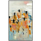 A Canvas wrapped Giclee of what appears to be a flock of abstract sheep staring at you. The colors are muted plenaire style of orange cast bodies, blues, black faces and shades of blue and off white backgrounds.