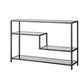 Console with ribbed iron finished in an aged gunmetal with a light rust patina. Shelves are clear tempered glass.
