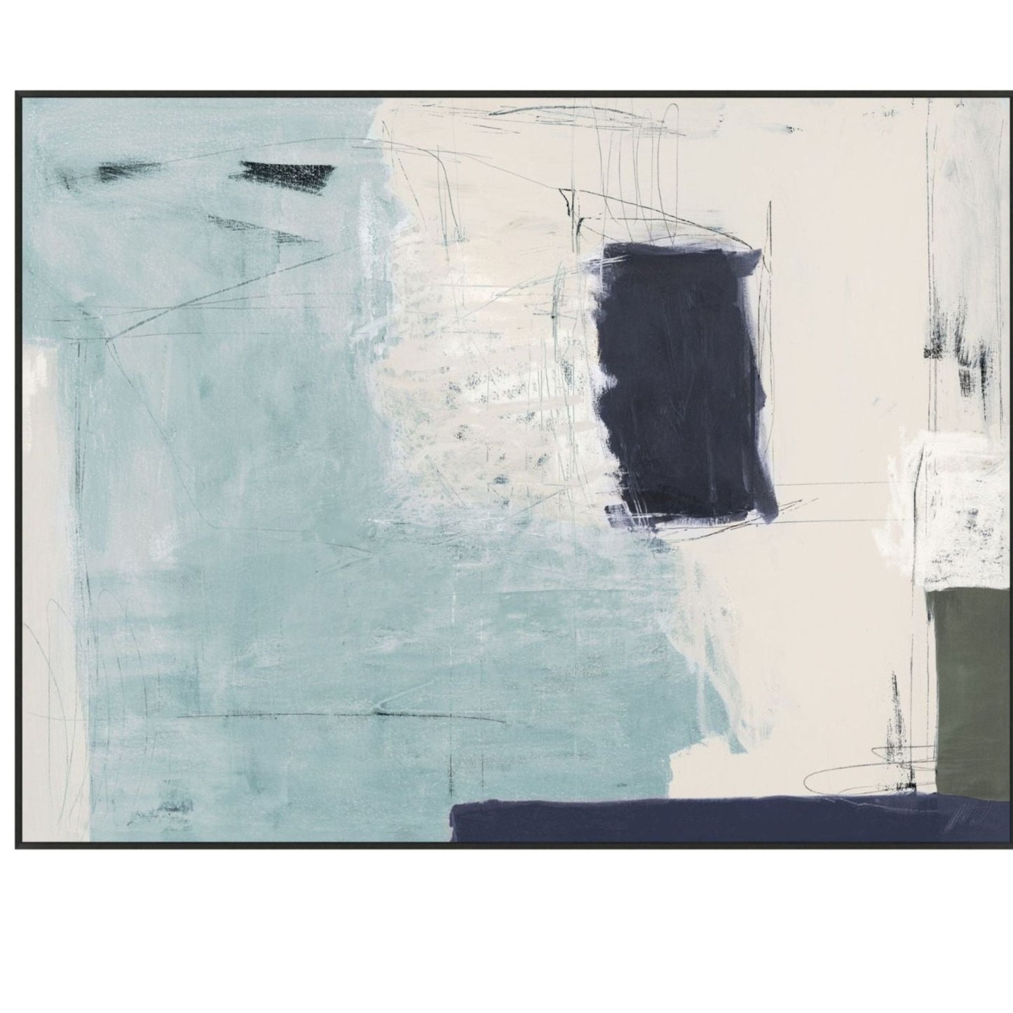 Pairs well with Abstract Study. Black vertical free form black rectangle in upper right corner , brown rectangle-ish shape in bottom quarter over off white background over portion of right side. Left side to middle is overlay thin uneven layer of light blue color