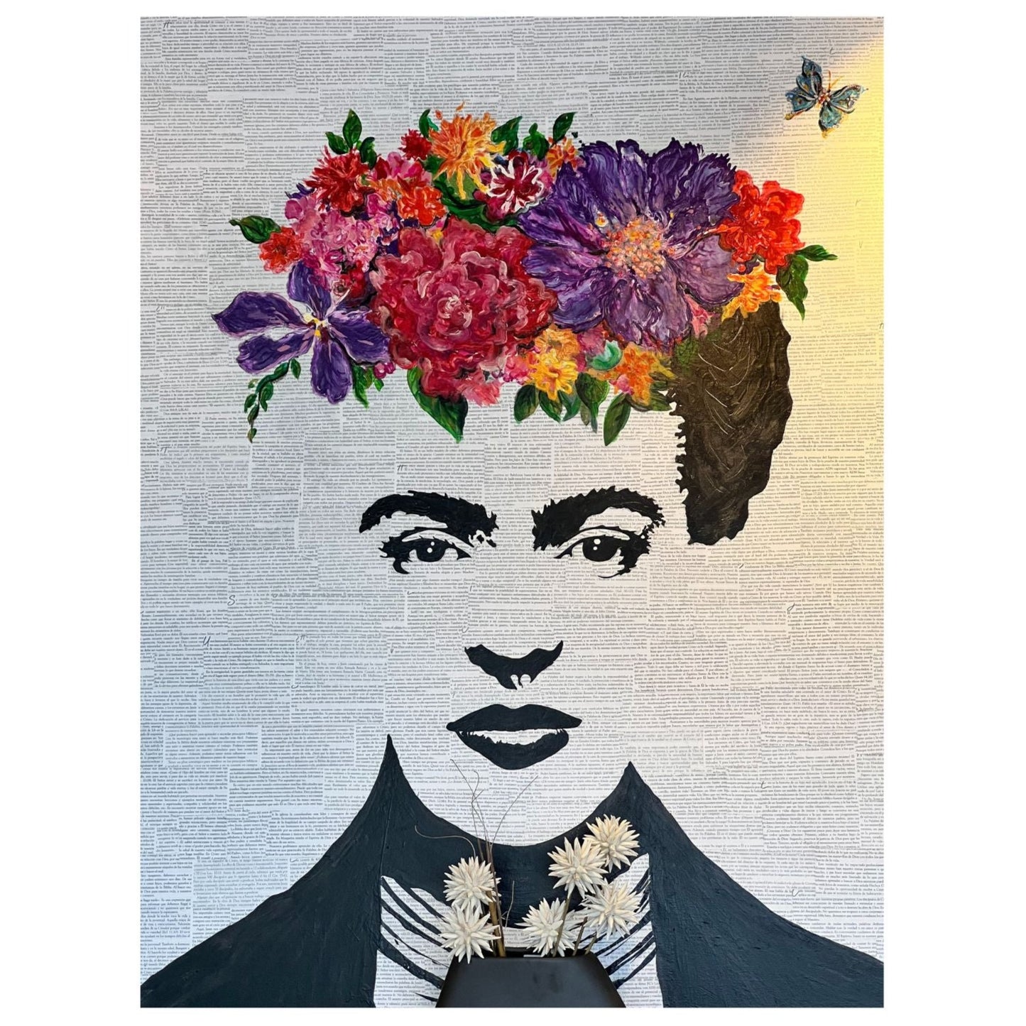 Local artist. Freda with flowers on head, face features overlay fine newspaper print.