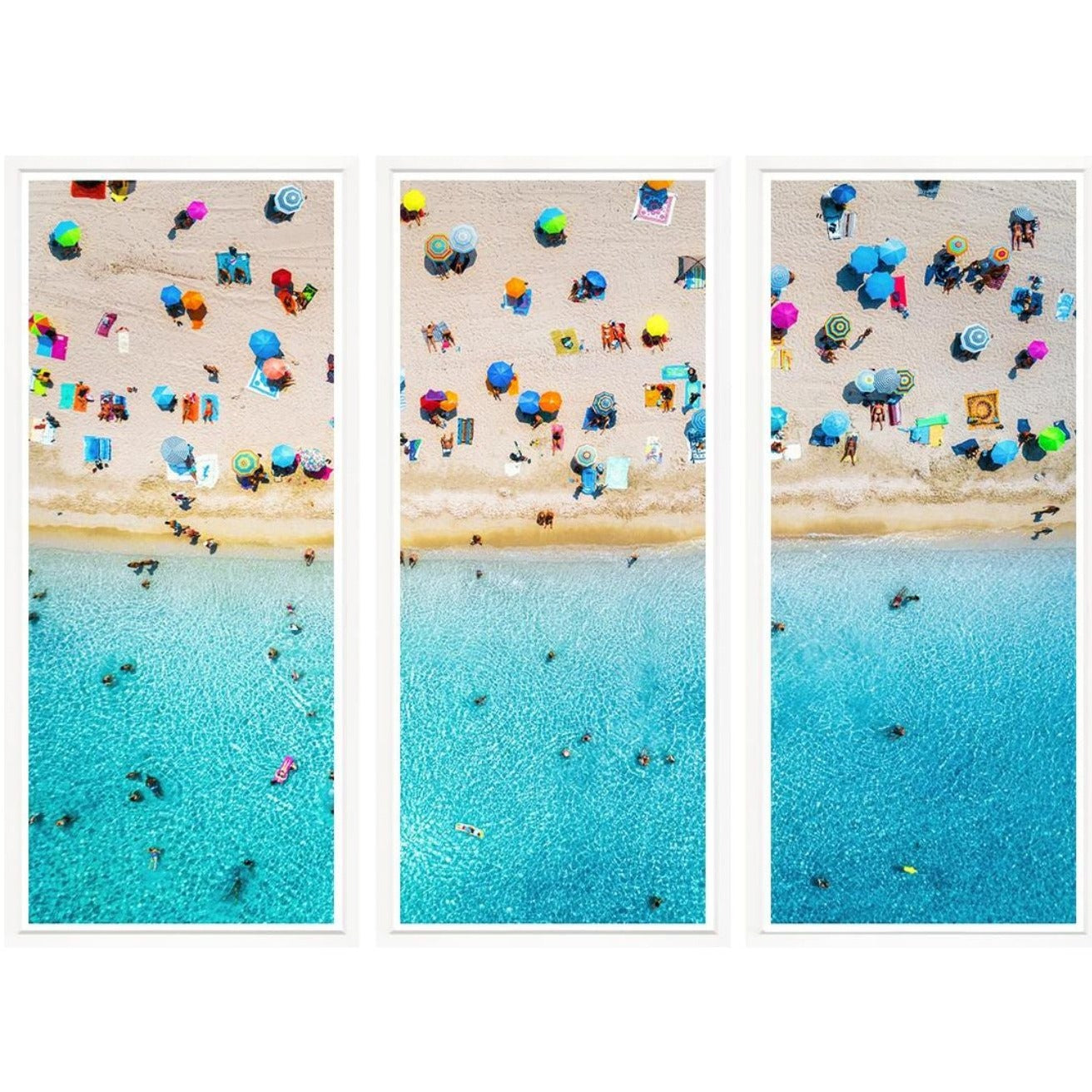 3 separate aerial arts of beach and sunbathers at ocean edge.e