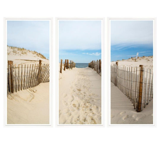 3 aerial arts of old fence sand path leading to Ocean in background.