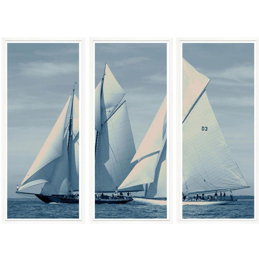 2 large sail boats racing, split into 3 art boards.
