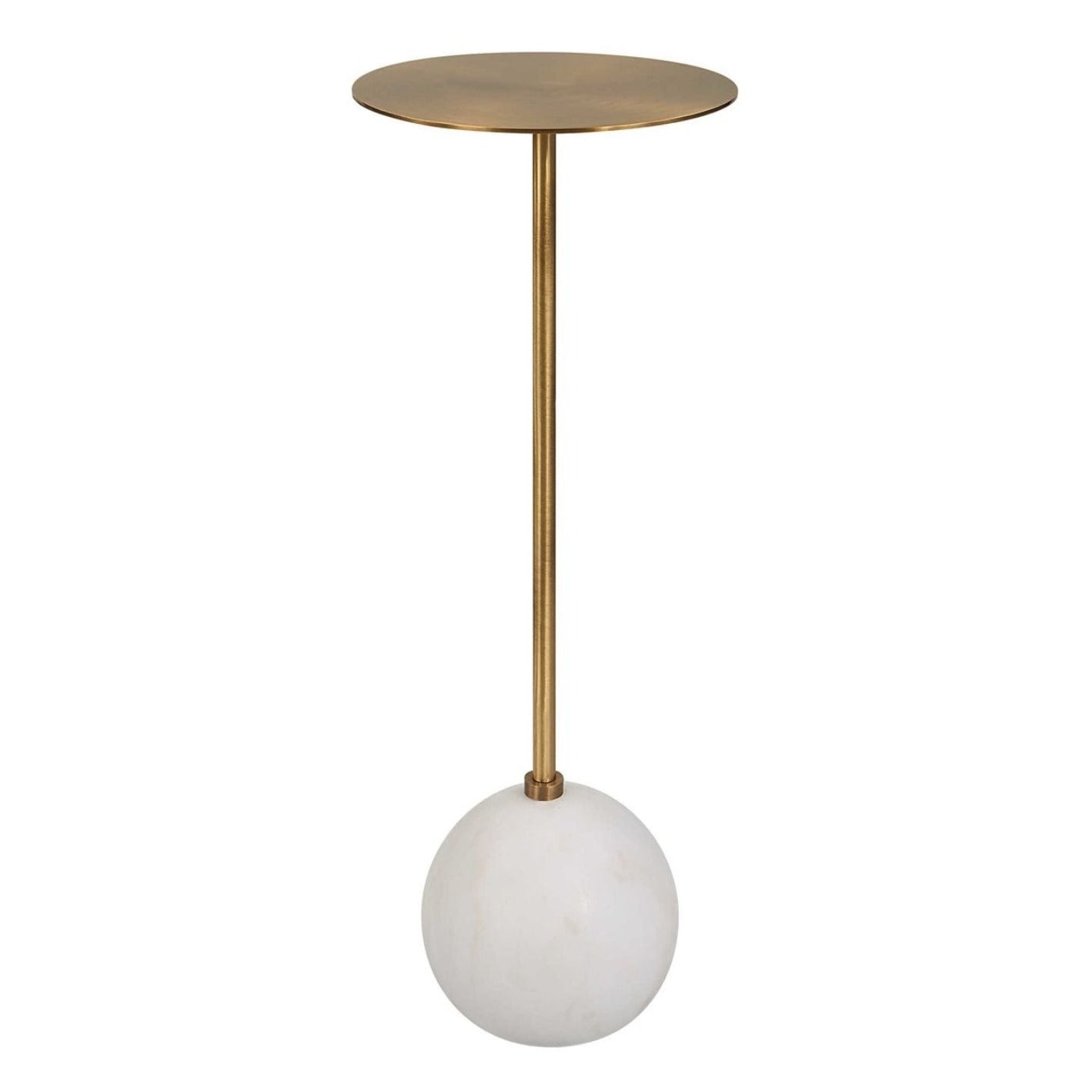 An elegant honed white marble foot supports the solid round brass top.