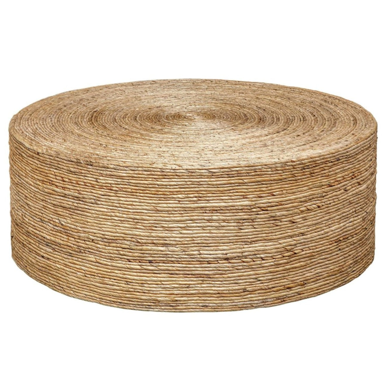 Light brown, round coffee table made with woven banana.