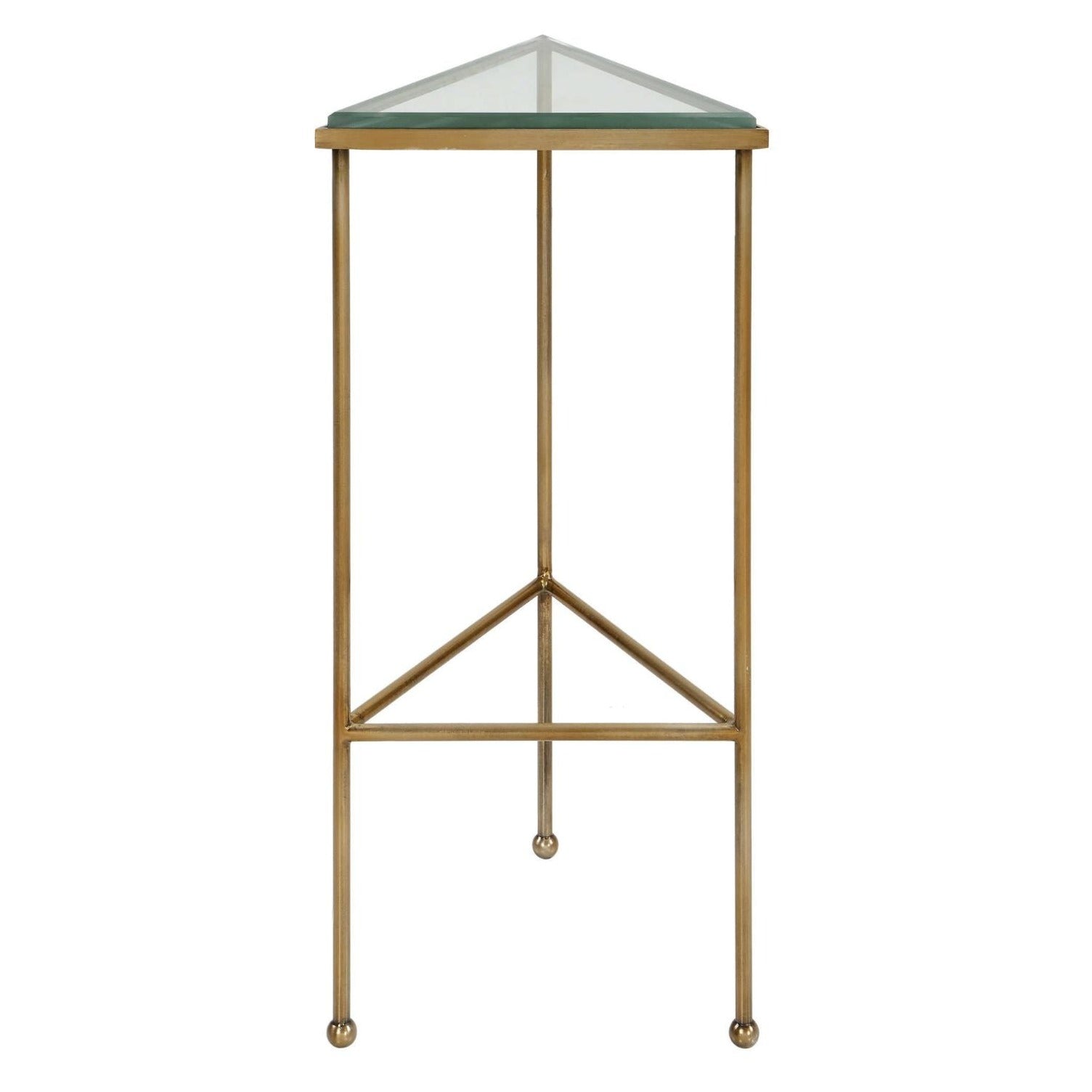 This is a triangle shaped drink table in gold metal and glass shelves.