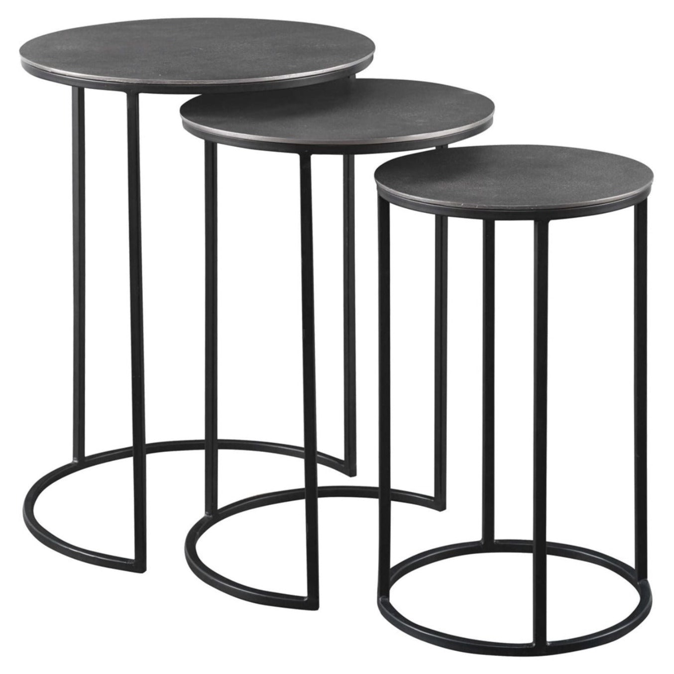 Set of three functional nesting tables constructed in an aged black iron, featuring a textured cast aluminum slab top finished in a plated antique nickel.