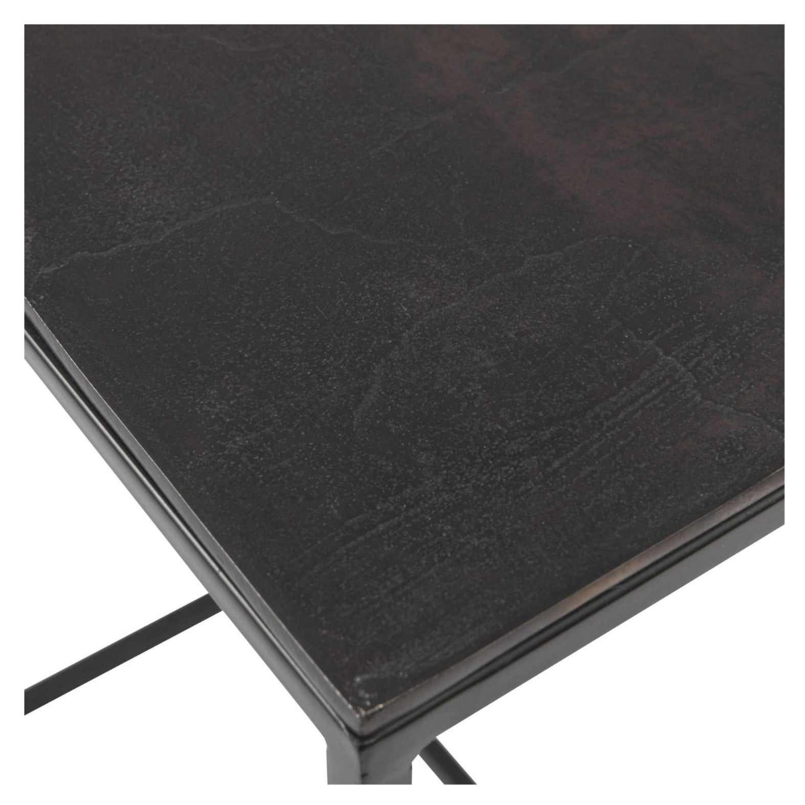 Shows black iron top detail for cast aluminum slab top finished in a plated antique bronze. Sizes: Sm-17x22x9, Med-20x24x10, Lg-21x26x11