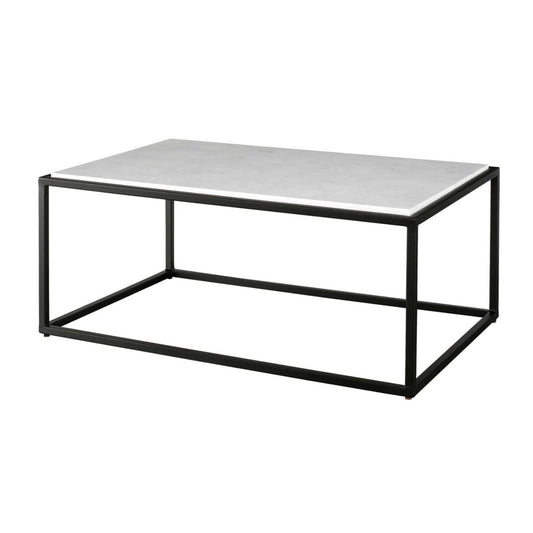 this coffee table features a satin black iron frame accentuated by a beautiful inset white marble slab top.