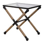 this accent table features a rustic iron frame wrapped in natural fiber rope accents topped with clear tempered glass.