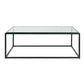 This is a modern coffee table sports a streamline iron frame finished in satin black paired with an inset tempered glass top.