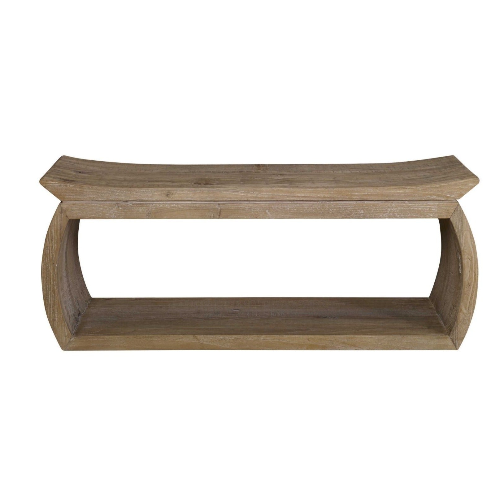 A bench built of 100% reclaimed elm wood, featuring an eye-catching scooped seat