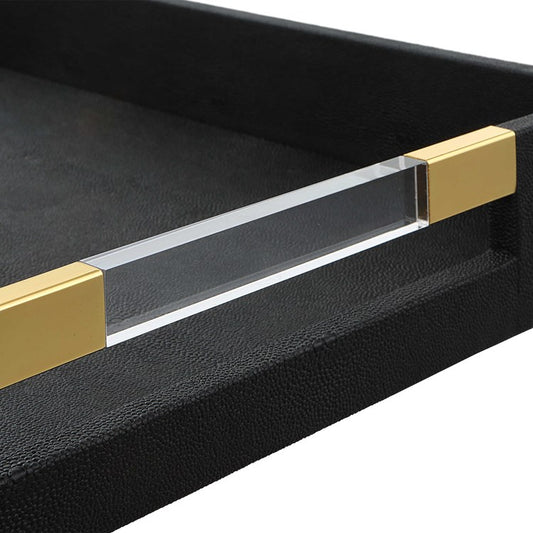 Black tray with acrylic handles and gold.