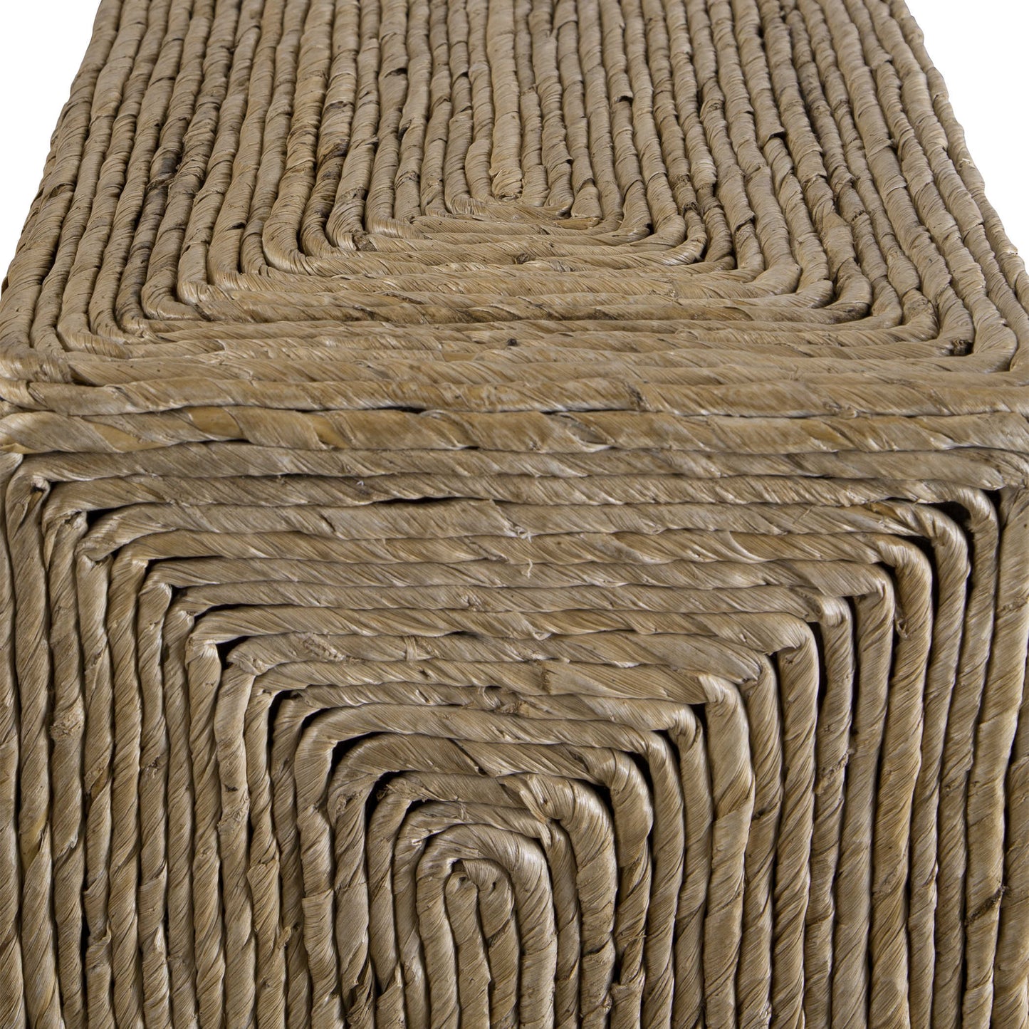 Coastal end table surface made of rattan.