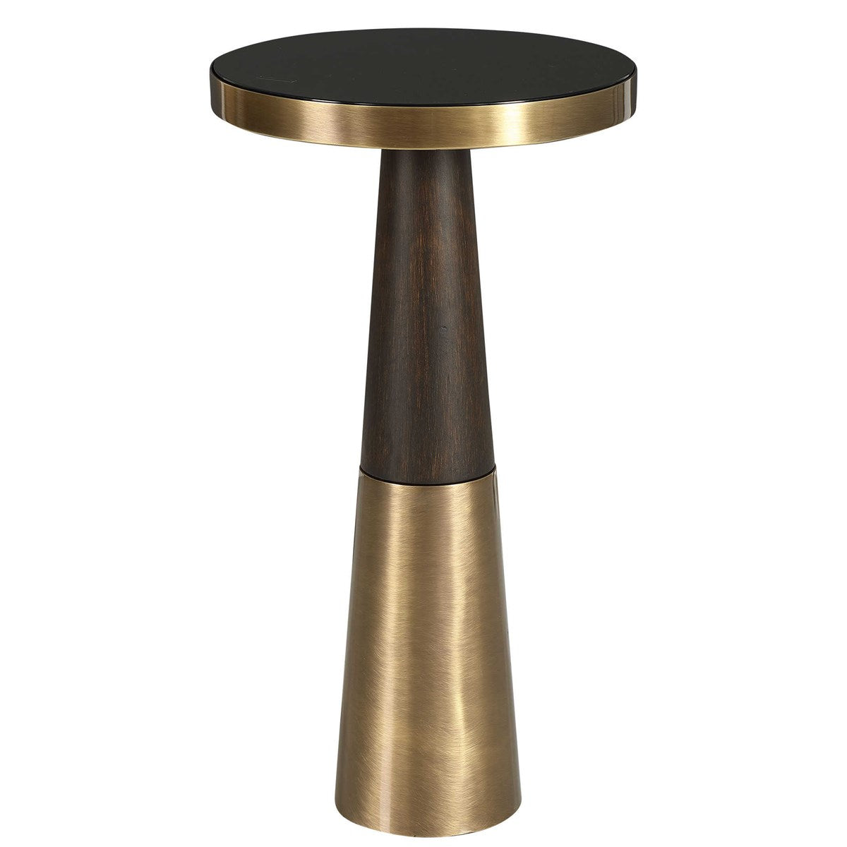 Contemporary drink table with brass stem and exterior of top surface.