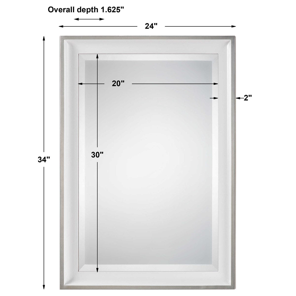 Dimensions of silver bathroom mirror on white background.