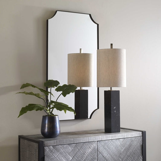 Faux Lily Decor in Beautiful Oxidized Planter on a Wood console with decorative mirror and table lamp.